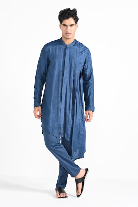 Kalpana Naik_Blue Bemberg, Silk, Cotton Embroidery Dragonfly Flutter Nehru Jacket Set _Online_at_Aza_Fashions