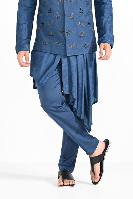 Shop_Kalpana Naik_Blue Bemberg, Silk, Cotton Embroidery Dragonfly Flutter Nehru Jacket Set _Online_at_Aza_Fashions