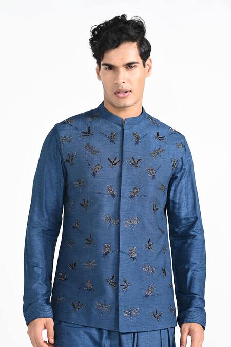 Kalpana Naik_Blue Bemberg, Silk, Cotton Embroidery Dragonfly Flutter Nehru Jacket Set _at_Aza_Fashions
