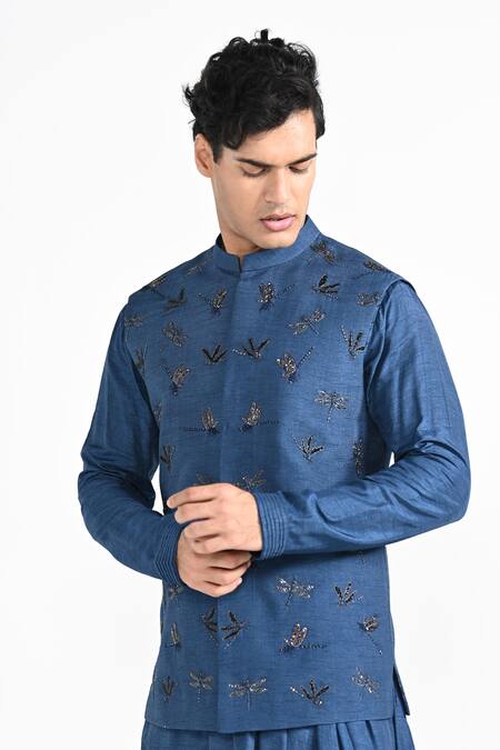 Buy_Kalpana Naik_Blue Bemberg, Silk, Cotton Embroidery Dragonfly Flutter Nehru Jacket Set 