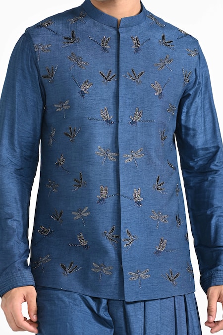 Shop_Kalpana Naik_Blue Bemberg, Silk, Cotton Embroidery Dragonfly Flutter Nehru Jacket Set 