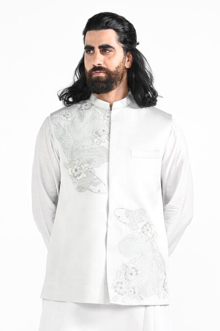 Shop_Kalpana Naik_Gray Satin, Bemberg, Silk, Cotton Embroidery, Floral Fish Nehru Jacket Set _Online_at_Aza_Fashions