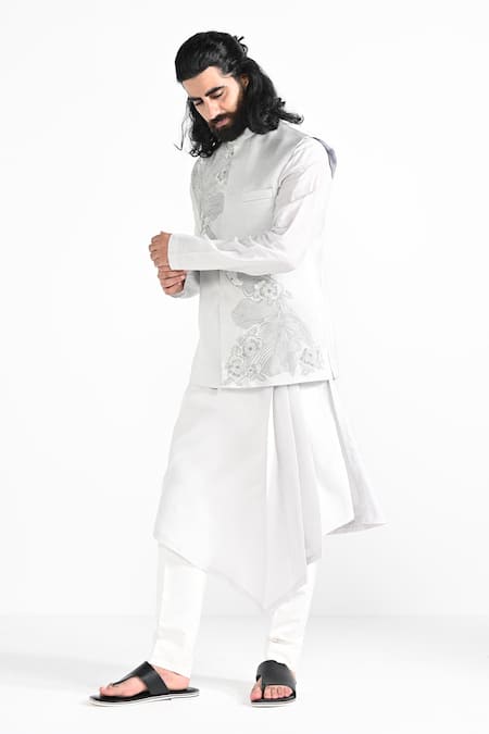Kalpana Naik_Gray Satin, Bemberg, Silk, Cotton Embroidery, Floral Fish Nehru Jacket Set _at_Aza_Fashions