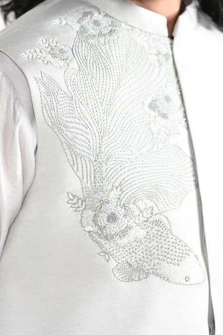 Buy_Kalpana Naik_Gray Satin, Bemberg, Silk, Cotton Embroidery, Floral Fish Nehru Jacket Set 