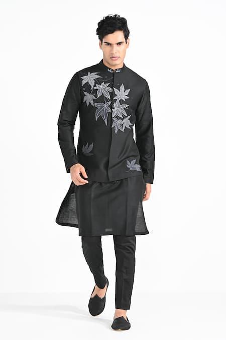 Buy_Kalpana Naik_Black Bemberg, Silk, Cotton Embroidery Maple Leaf Nehru Jacket Set _Online_at_Aza_Fashions
