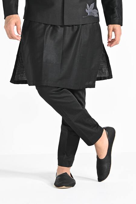 Shop_Kalpana Naik_Black Bemberg, Silk, Cotton Embroidery Maple Leaf Nehru Jacket Set _Online_at_Aza_Fashions