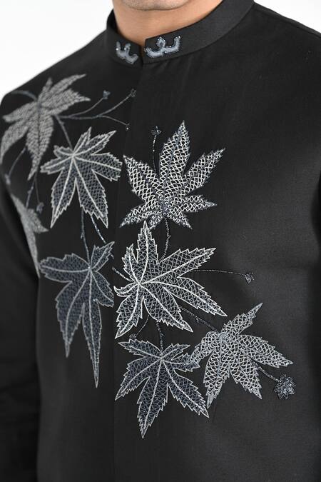 Buy_Kalpana Naik_Black Bemberg, Silk, Cotton Embroidery Maple Leaf Nehru Jacket Set 