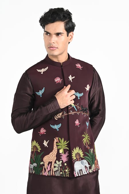 Kalpana Naik_Brown Crepe, Silk, Cotton Embroidery Night Safari Masai Mara Nehru Jacket Set _Online_at_Aza_Fashions