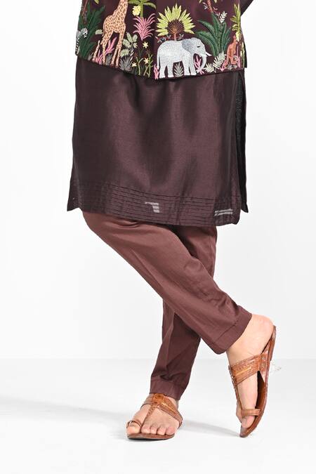 Buy_Kalpana Naik_Brown Crepe, Silk, Cotton Embroidery Night Safari Masai Mara Nehru Jacket Set _Online_at_Aza_Fashions