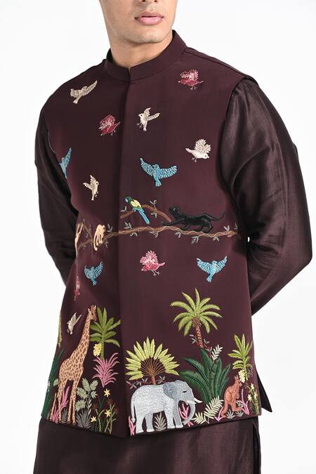 Kalpana Naik_Brown Crepe, Silk, Cotton Embroidery Night Safari Masai Mara Nehru Jacket Set _at_Aza_Fashions