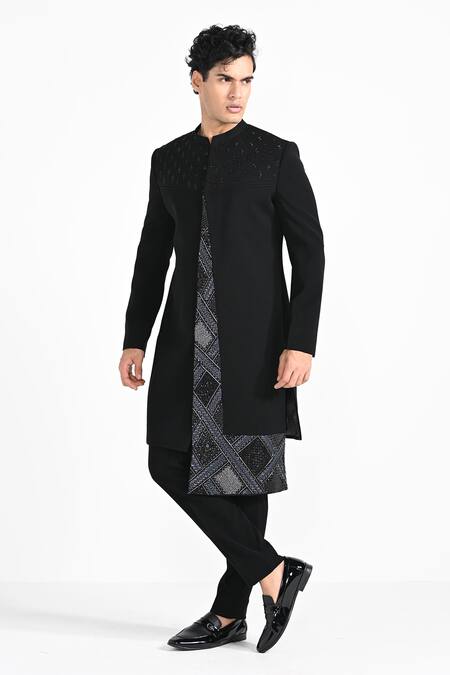 Kalpana Naik_Black Rayon Embroidery Achkan And Trouser Set _Online_at_Aza_Fashions