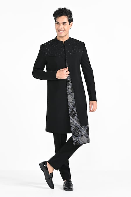 Buy_Kalpana Naik_Black Rayon Embroidery Achkan And Trouser Set _Online_at_Aza_Fashions