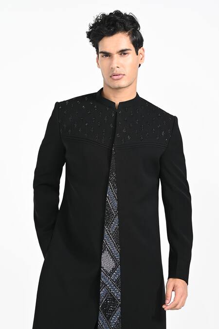 Shop_Kalpana Naik_Black Rayon Embroidery Achkan And Trouser Set _Online_at_Aza_Fashions