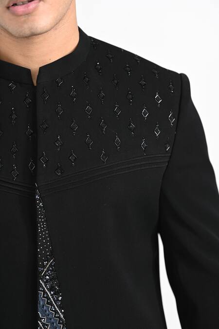Kalpana Naik_Black Rayon Embroidery Achkan And Trouser Set _at_Aza_Fashions