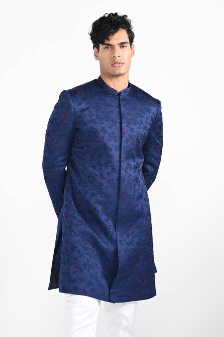 Kalpana Naik_Blue Modal, Cotton Embroidery, Beads French Knot Cutdana Achkan And Pant Set _Online_at_Aza_Fashions