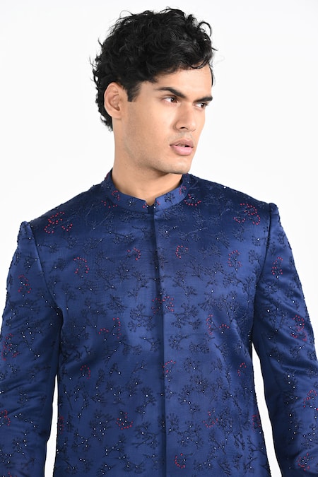 Kalpana Naik_Blue Modal, Cotton Embroidery, Beads French Knot Cutdana Achkan And Pant Set _at_Aza_Fashions