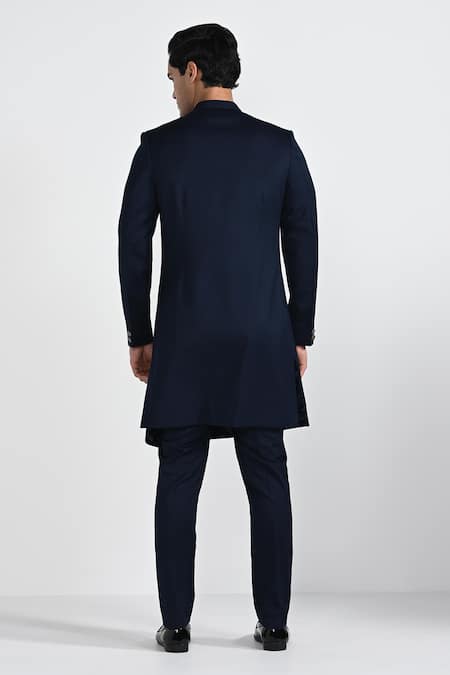 Shop_Kalpana Naik_Navy Terrycloth, Rayon Embroidery Onyx Blue Achkan And Trouser Set _at_Aza_Fashions