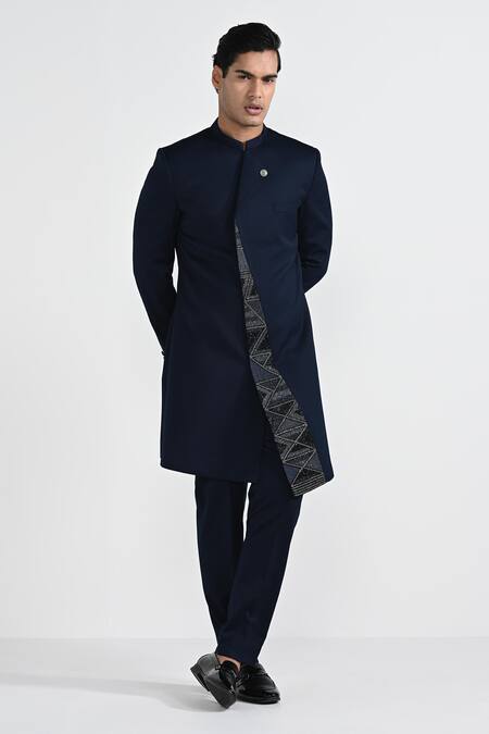 Kalpana Naik_Navy Terrycloth, Rayon Embroidery Onyx Blue Achkan And Trouser Set _Online_at_Aza_Fashions