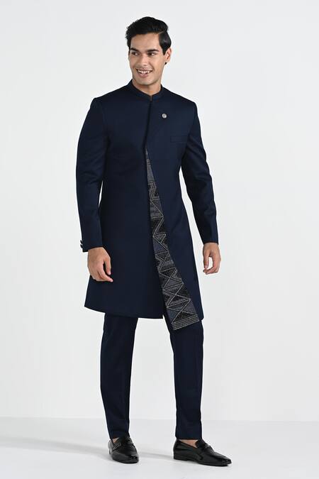 Buy_Kalpana Naik_Navy Terrycloth, Rayon Embroidery Onyx Blue Achkan And Trouser Set _Online_at_Aza_Fashions