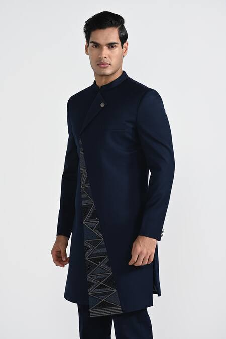 Shop_Kalpana Naik_Navy Terrycloth, Rayon Embroidery Onyx Blue Achkan And Trouser Set _Online_at_Aza_Fashions