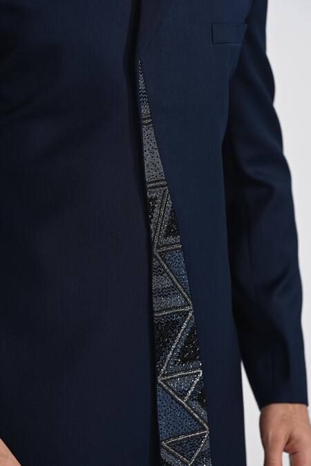 Kalpana Naik_Navy Terrycloth, Rayon Embroidery Onyx Blue Achkan And Trouser Set _at_Aza_Fashions