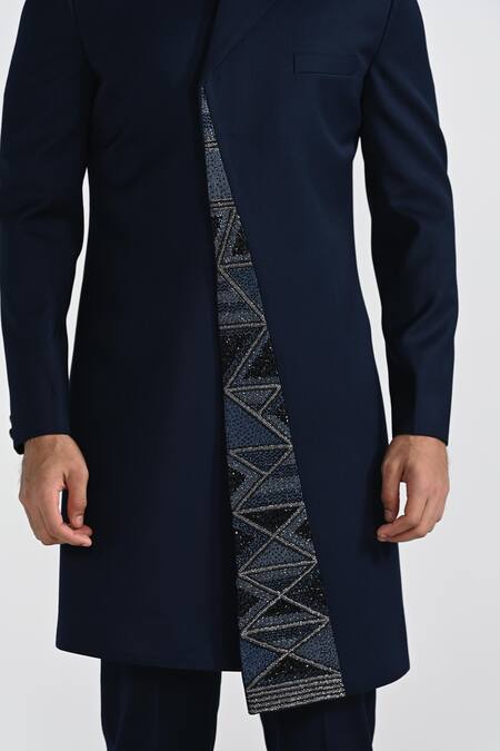 Shop_Kalpana Naik_Navy Terrycloth, Rayon Embroidery Onyx Blue Achkan And Trouser Set 