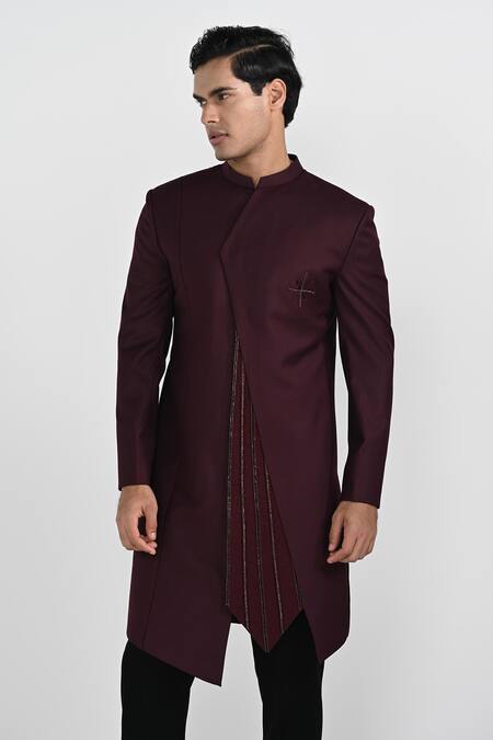 Kalpana Naik_Burgundy Terrycloth, Rayon Tibetan Red Asymmetrical Sherwani With Pant _Online_at_Aza_Fashions
