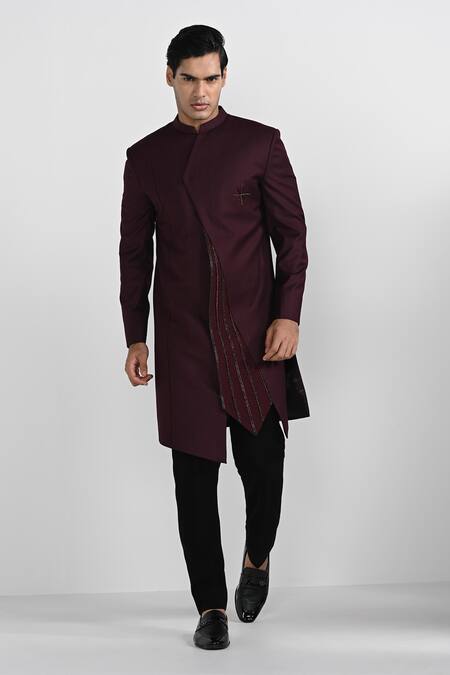 Buy_Kalpana Naik_Burgundy Terrycloth, Rayon Tibetan Red Asymmetrical Sherwani With Pant _Online_at_Aza_Fashions