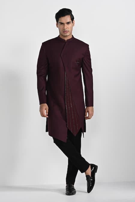 Kalpana Naik Tibetan Red Asymmetrical Sherwani With Pant 