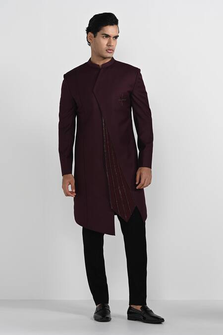 Shop_Kalpana Naik_Burgundy Terrycloth, Rayon Tibetan Red Asymmetrical Sherwani With Pant _Online_at_Aza_Fashions