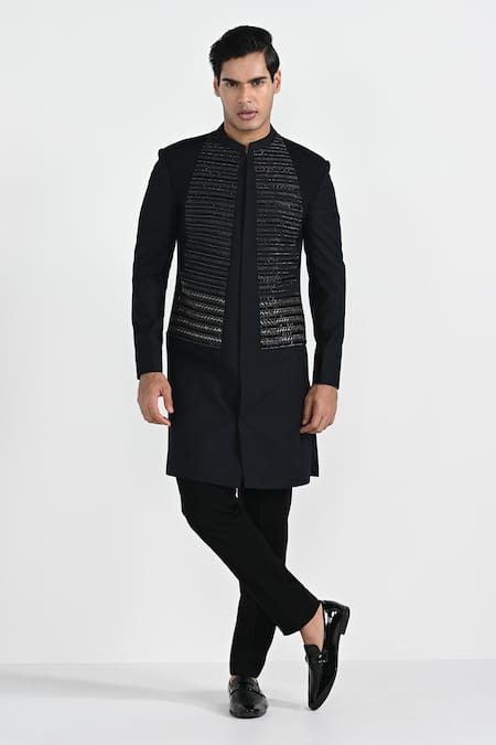 Kalpana Naik_Black Terrycloth, Rayon Dark Sapphire Geometric Panel Sherwani With Pant _Online_at_Aza_Fashions