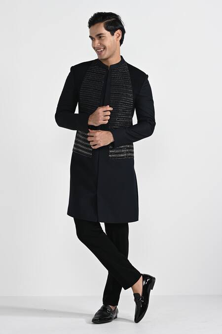 Buy_Kalpana Naik_Black Terrycloth, Rayon Dark Sapphire Geometric Panel Sherwani With Pant _Online_at_Aza_Fashions