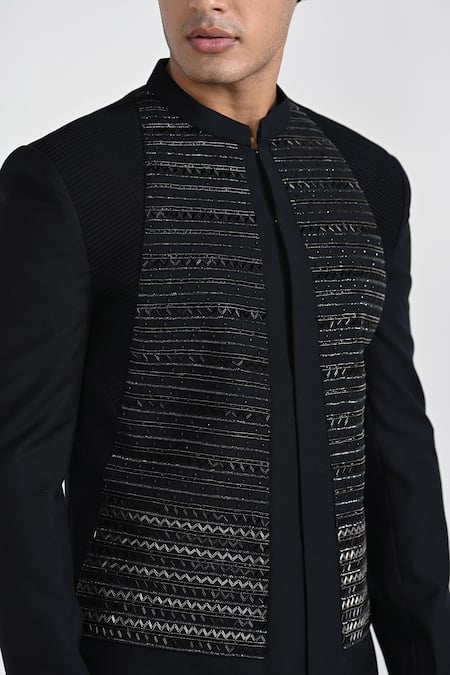 Shop_Kalpana Naik_Black Terrycloth, Rayon Dark Sapphire Geometric Panel Sherwani With Pant _Online_at_Aza_Fashions