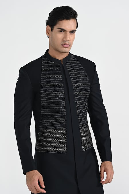 Kalpana Naik_Black Terrycloth, Rayon Dark Sapphire Geometric Panel Sherwani With Pant _at_Aza_Fashions