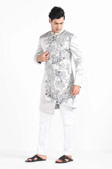 Kalpana Naik_Gray Terrycloth, Rayon Barely Grey Overlapping Panel Achkan And Trouser Set _Online_at_Aza_Fashions