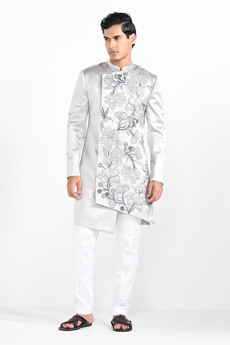 Kalpana Naik Barely Grey Overlapping Panel Achkan & Trouser Set 