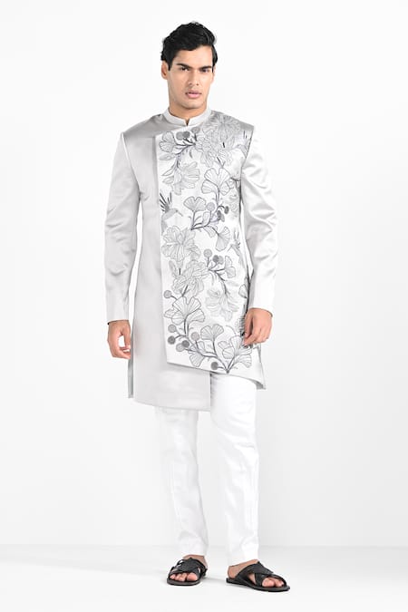 Buy_Kalpana Naik_Gray Terrycloth, Rayon Barely Grey Overlapping Panel Achkan And Trouser Set _Online_at_Aza_Fashions