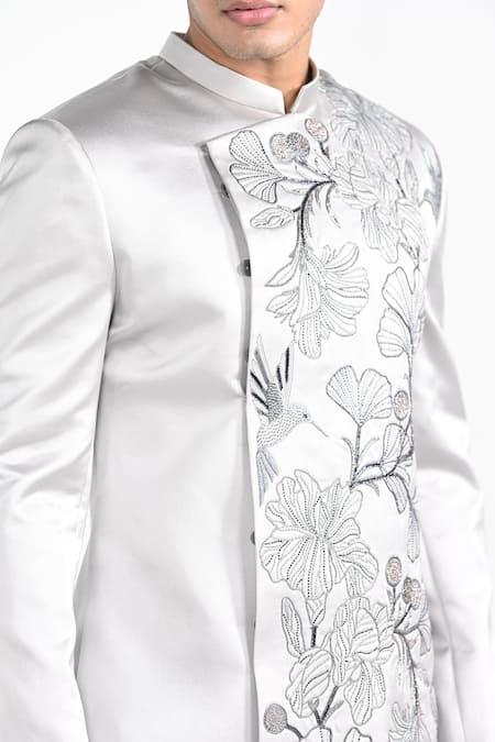 Kalpana Naik_Gray Terrycloth, Rayon Barely Grey Overlapping Panel Achkan And Trouser Set _at_Aza_Fashions