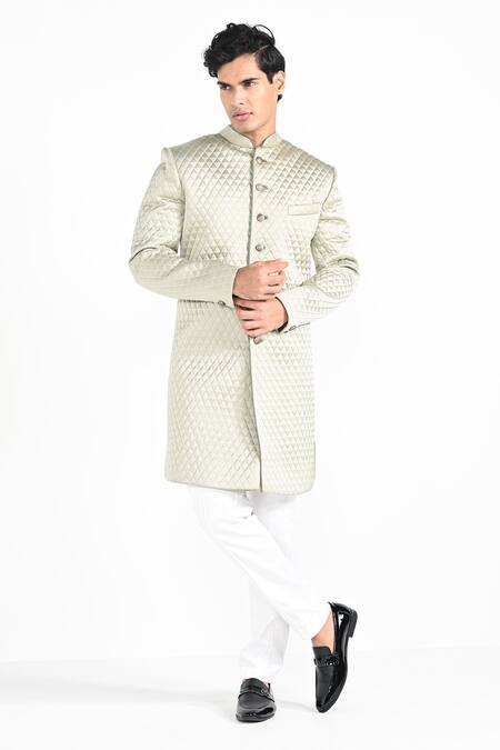 Shop_Kalpana Naik_Mint Rayon Quilted Achkan And Trouser Set _Online_at_Aza_Fashions