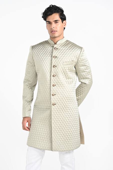 Kalpana Naik_Mint Rayon Quilted Achkan And Trouser Set _at_Aza_Fashions