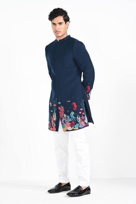 Kalpana Naik_Teal Rayon Embroidery Submerged Under Sea Achkan Set _Online_at_Aza_Fashions