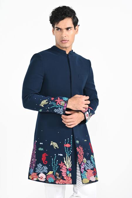 Buy_Kalpana Naik_Teal Rayon Embroidery Submerged Under Sea Achkan Set _Online_at_Aza_Fashions