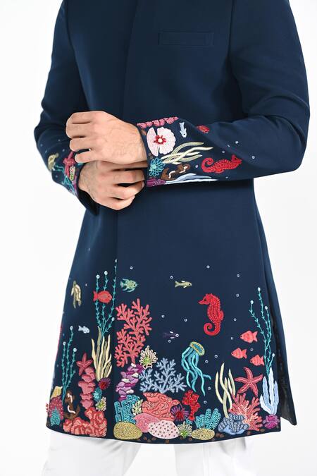 Shop_Kalpana Naik_Teal Rayon Embroidery Submerged Under Sea Achkan Set _Online_at_Aza_Fashions