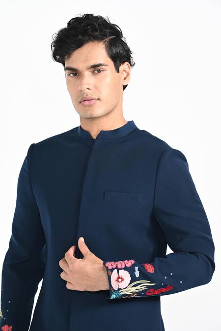 Kalpana Naik_Teal Rayon Embroidery Submerged Under Sea Achkan Set _at_Aza_Fashions