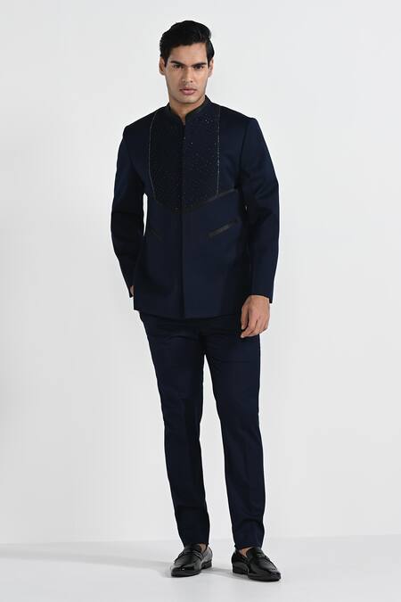 Kalpana Naik_Navy Rayon Embroidery, Stones Onyx Blue Pintuck Detail Bandhgala Set _Online_at_Aza_Fashions