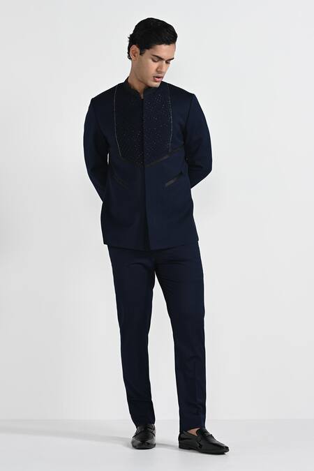 Buy_Kalpana Naik_Navy Rayon Embroidery, Stones Onyx Blue Pintuck Detail Bandhgala Set _Online_at_Aza_Fashions