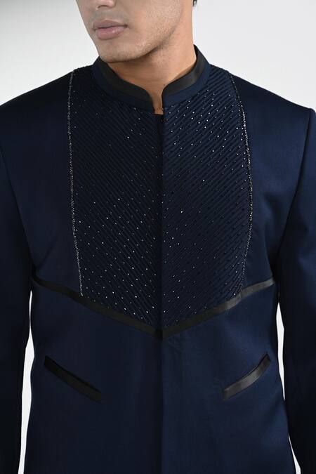 Shop_Kalpana Naik_Navy Rayon Embroidery, Stones Onyx Blue Pintuck Detail Bandhgala Set _Online_at_Aza_Fashions