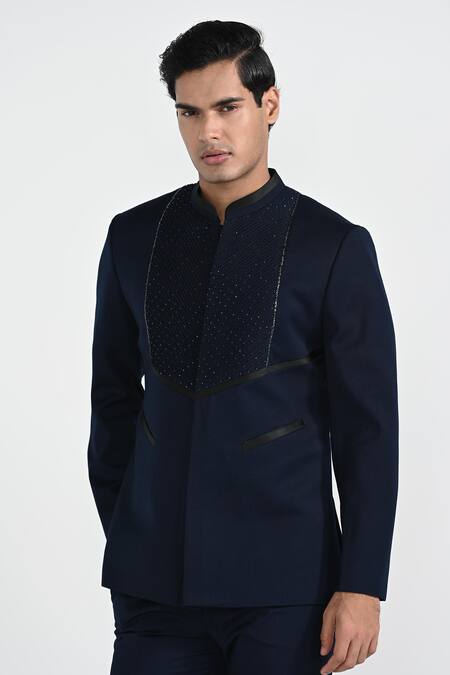 Kalpana Naik_Navy Rayon Embroidery, Stones Onyx Blue Pintuck Detail Bandhgala Set _at_Aza_Fashions