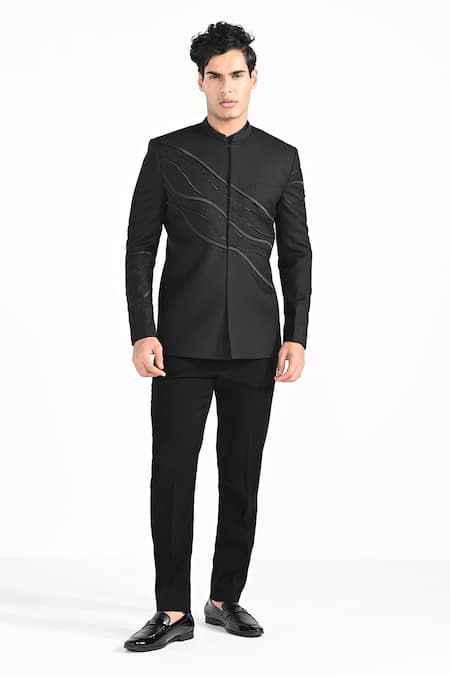 Kalpana Naik_Black Rayon Embroidery, Beads Asymmetrical Waves Pattern Bandhgala With Pant _Online_at_Aza_Fashions