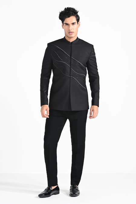 Kalpana Naik Black Asymmetrical Waves Pattern Bandhgala With Pant 